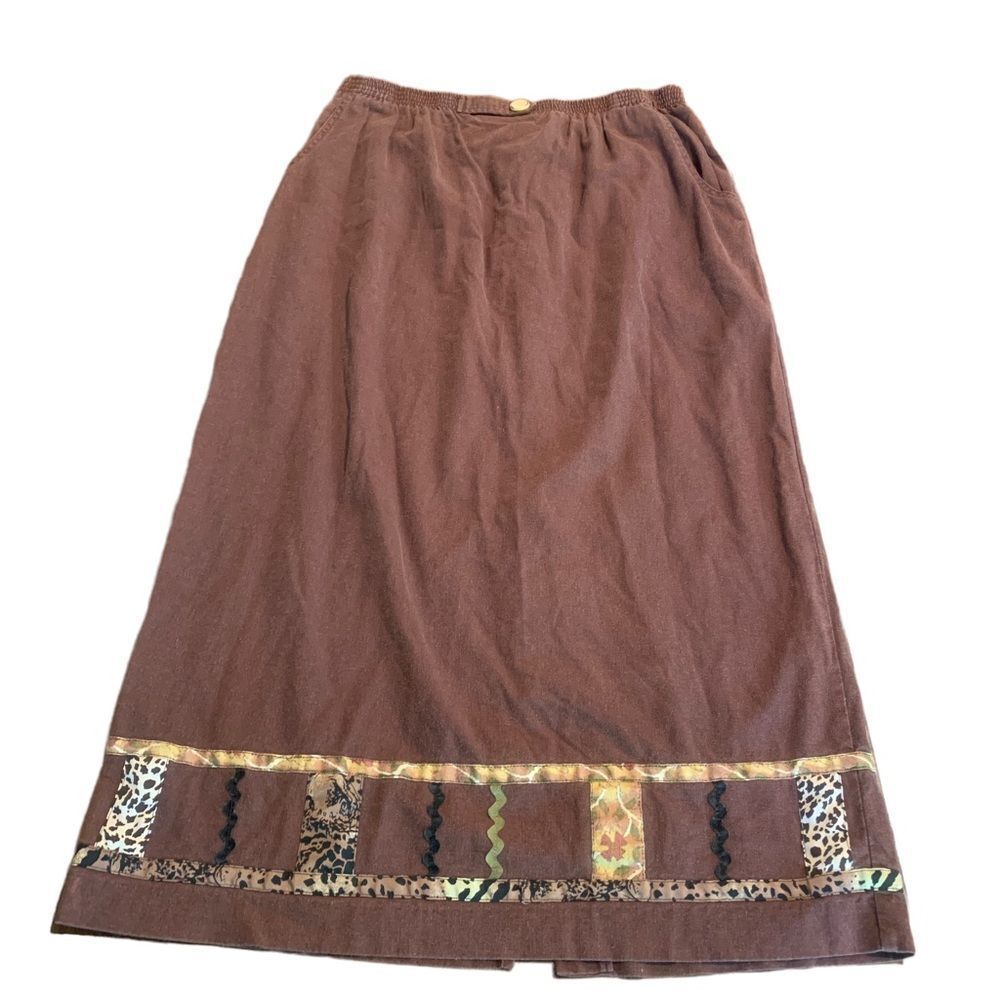 Stonebridge Brown Linen MIDI Skirt Ric Rac Animal Print Teacher XL - Picture 2 of 8